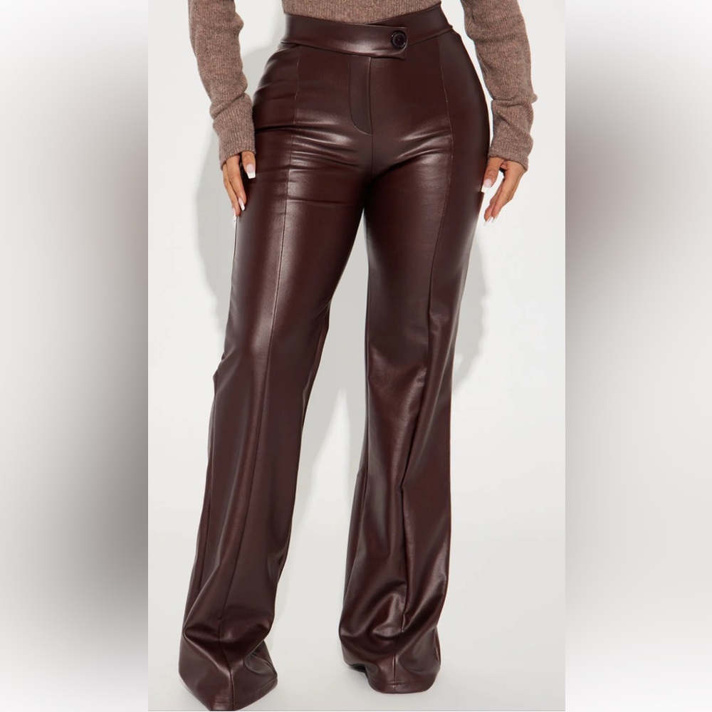 Fashion Nova Call It Even Faux Leather Chocolate Flare Dress Pants NWT